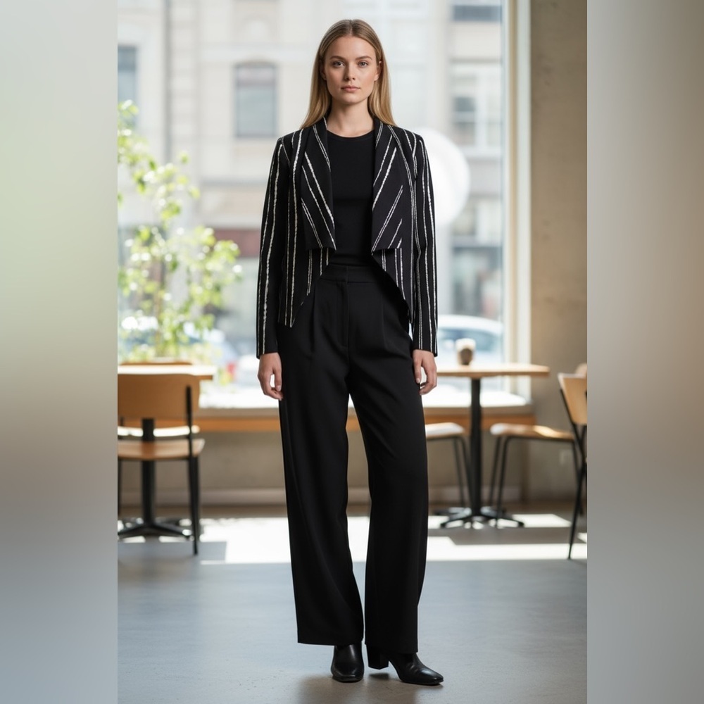 Colori, Black & White Striped Open Front Blazer, Made in Canada, Size M